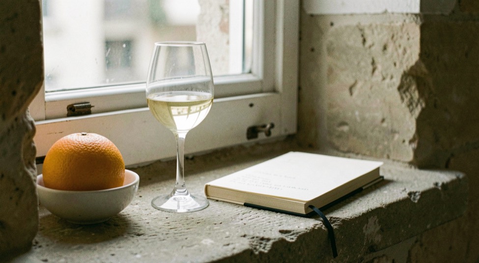 Ein halbvolles Glas Wasser auf einer hellen Küchenarbeitsplatte neben einer offenen Schale mit Kürbiskernen und einem kleinen Schälchen Joghurt, weiches Morgenlicht von links, Nahaufnahme auf Augenhöhe mit leicht unscharfem Hintergrund.